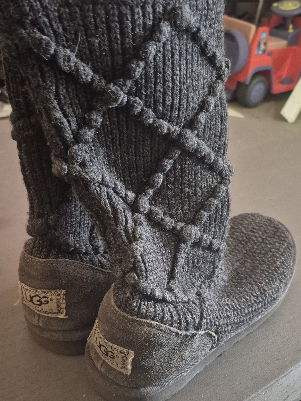 UGG Gray Knit Suede-Trim Slipper Boots with Branded Heel